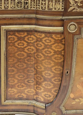 Lot 4 - A Louis XVI-style inlaid, parquetry and mahogany marble top commode