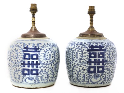 Lot 705 - A pair of Chinese porcelain ginger jar table lamps