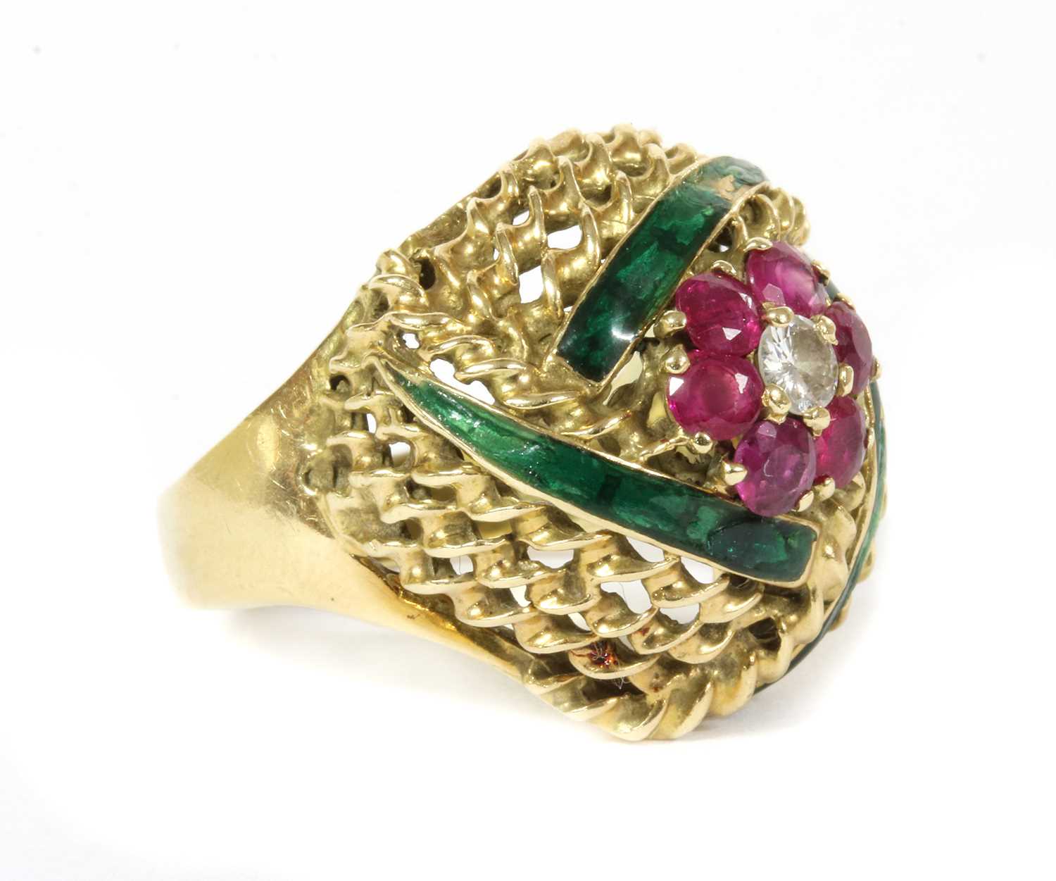 Lot 16 - An Austrian gold diamond, ruby and enamel bombé ring