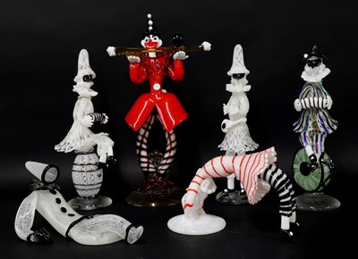 Lot 624 - Six Murano millefiori glass clown figures