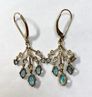 Lot 385 - A pair of 9ct gold apatite and diamond drop earrings