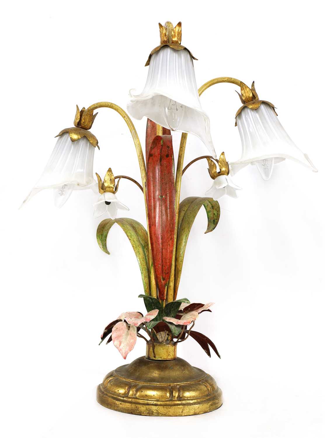 Lot 283 - An Italian painted and gilt toleware floral table lamp