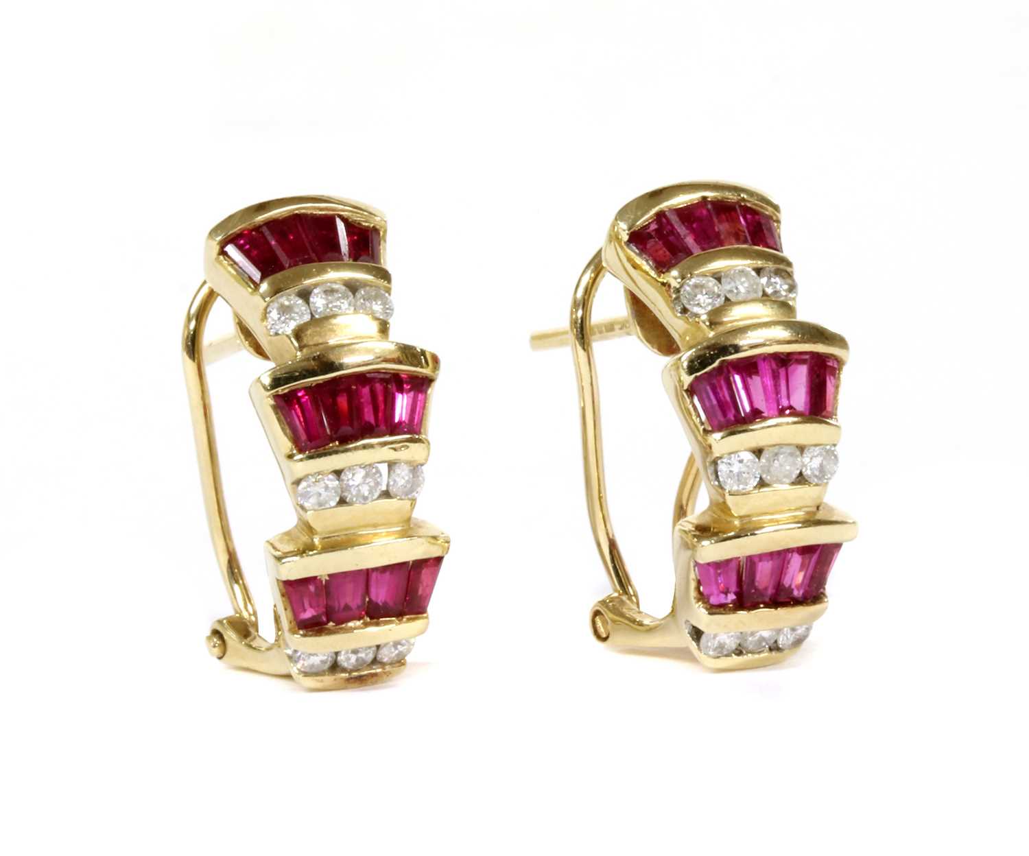 Lot 129 - A pair of 9ct gold ruby and diamond half hoop earrings