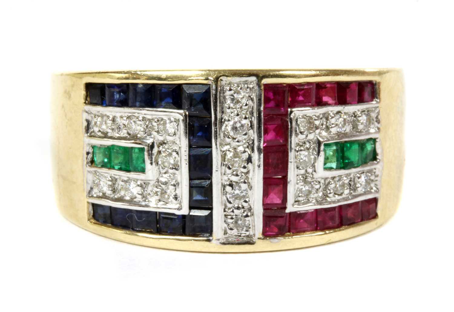 Lot 136 - A 9ct gold ruby, sapphire, emerald and diamond ring