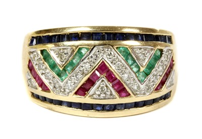Lot 135 - A 9ct gold ruby, sapphire, emerald and diamond ring