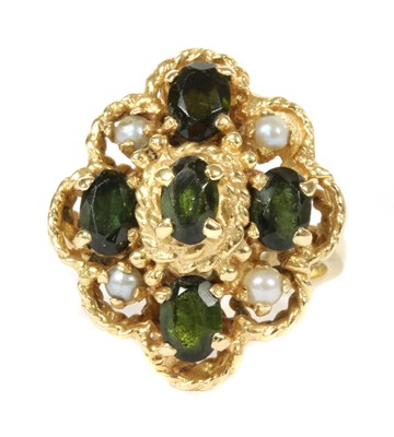 Lot 306 - A 14ct gold tourmaline and split pearl ring, c.1970