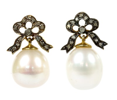 Lot 347 - A pair of silver and gold cultured freshwater pearl and diamond earrings
