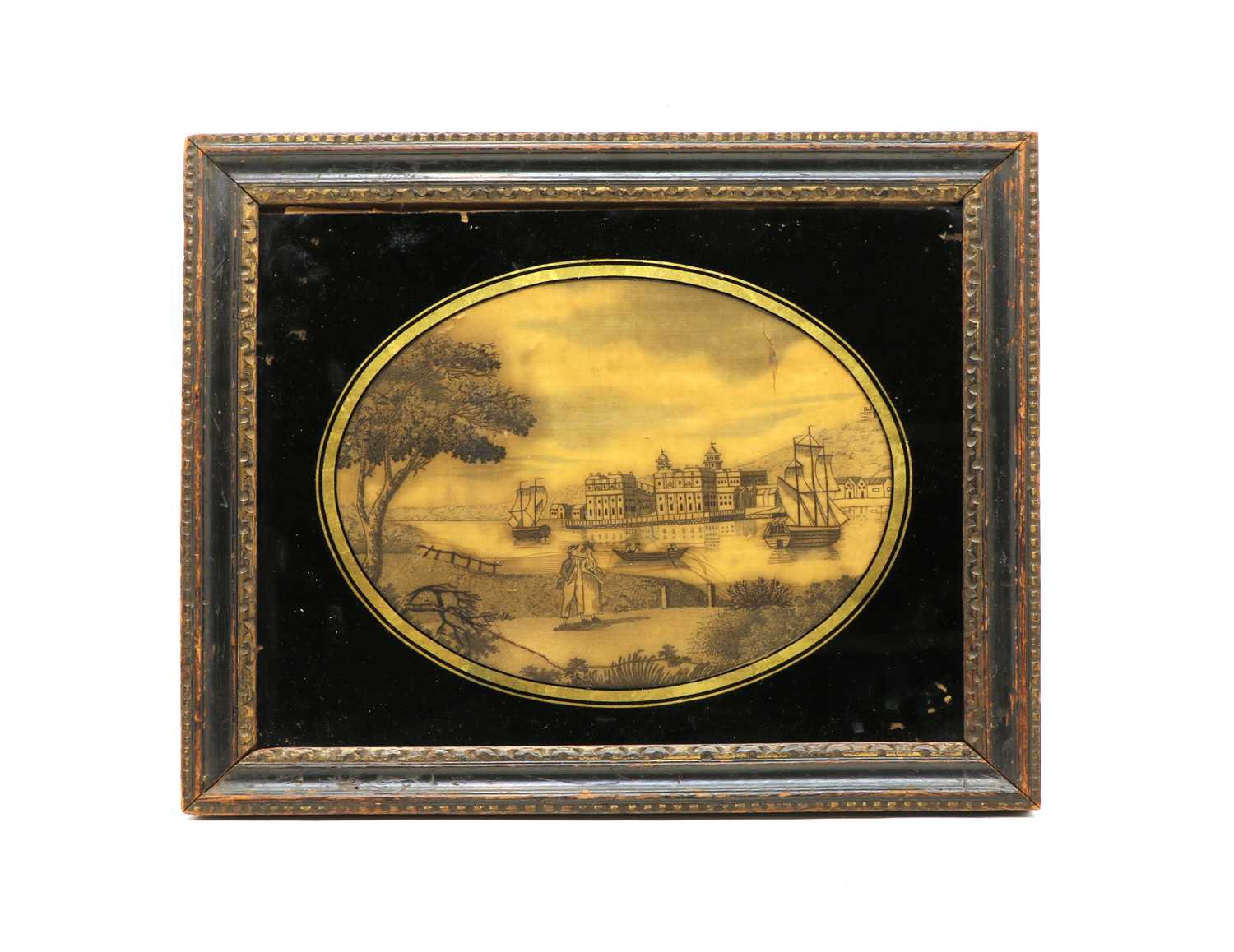 Lot 126 - A Georgian black silk threadwork image of a couple walking before a river with boats and buildings