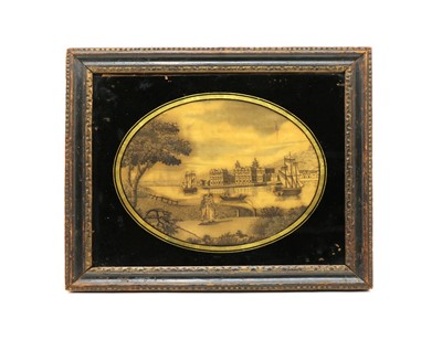 Lot 126A - A Georgian black silk threadwork image of a couple walking before a river with boats and buildings