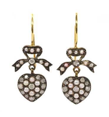 Lot 220 - A pair of silver and gold, diamond and split pearl drop earrings
