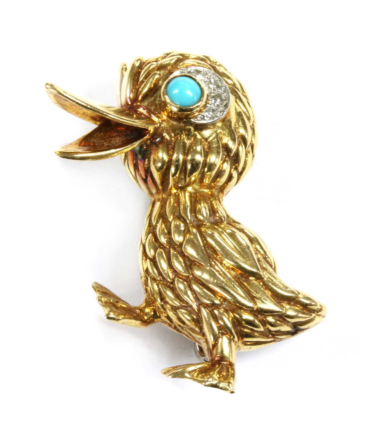 Lot 18 - An 18ct gold turquoise and diamond duck brooch, c.1970