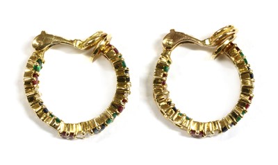 Lot 134 - A pair of gold ruby, emerald, sapphire and diamond hoop earrings