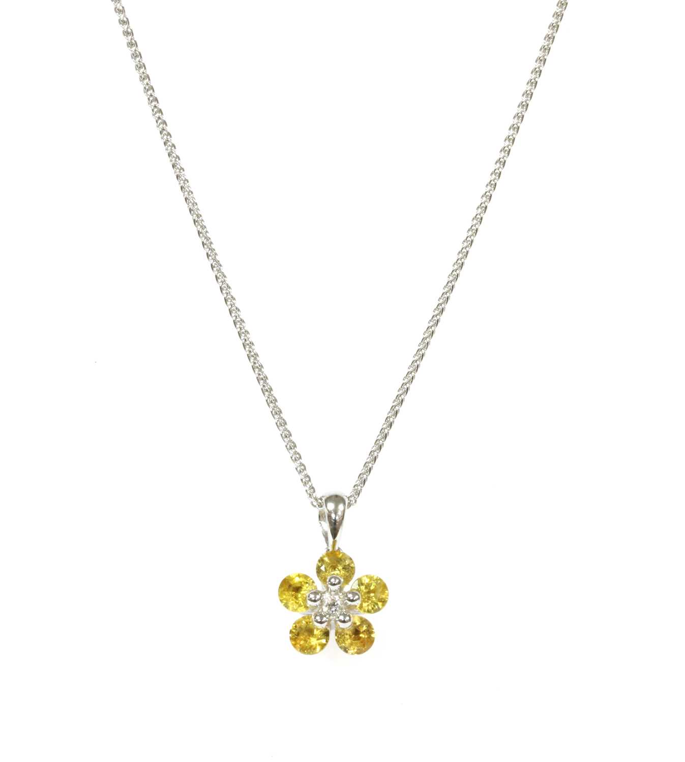 Lot 232 - An 18ct white gold diamond and yellow sapphire daisy cluster pendant