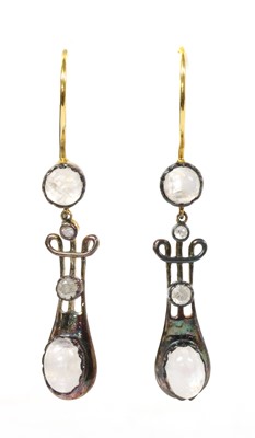 Lot 226 - A pair of silver and gold, moonstone and diamond drop earrings