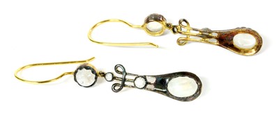 Lot 226 - A pair of silver and gold, moonstone and diamond drop earrings