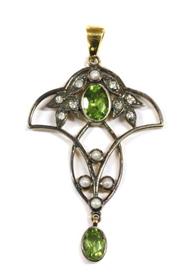 Lot 319 - A silver and gold, peridot, split pearl and diamond pendant