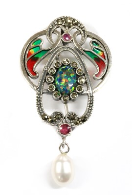 Lot 341 - A silver plique-à-jour enamel and assorted gemstone brooch/pendant
