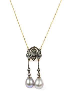 Lot 346 - A silver and gold, cultured freshwater pearl and diamond négligée pendant