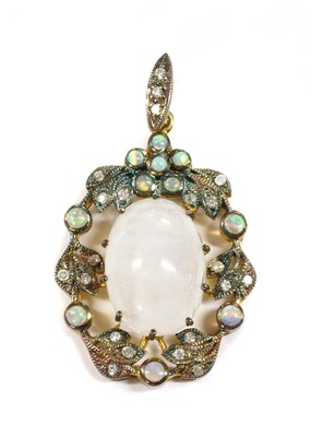 Lot 333 - A silver moonstone, opal and diamond wreath pendant