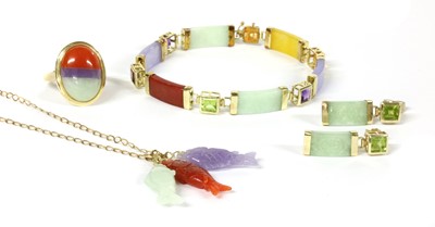 Lot 413 - A 14ct gold multicoloured jade and assorted gemstone bracelet