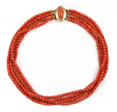 Lot 20 - A Dutch four row uniform coral bead necklace
