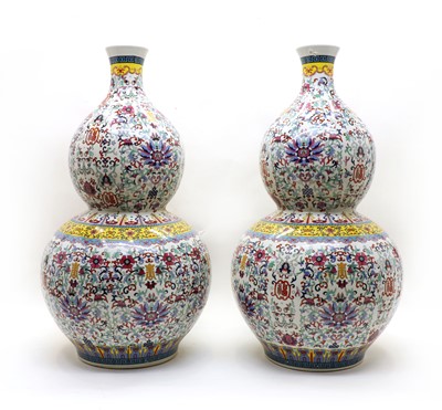Lot 99 - A pair of modern Chinese doucai double gourd vases