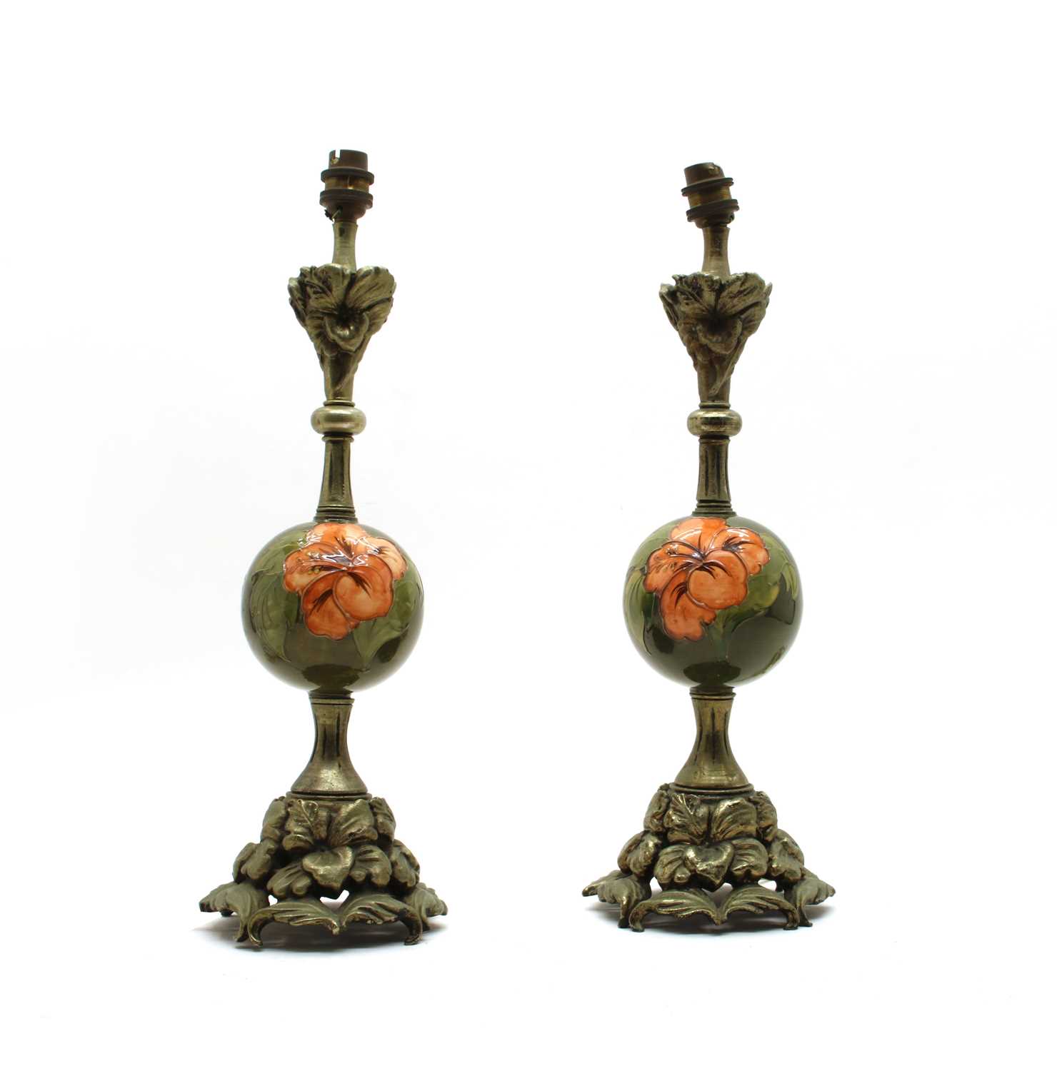 Lot 66 - A pair of Moorcroft 'Hibiscus' ball table lamps