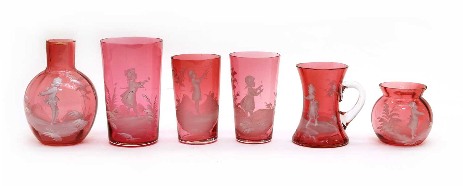 Lot 78 - Six pieces of ruby 'Mary Gregory' glass