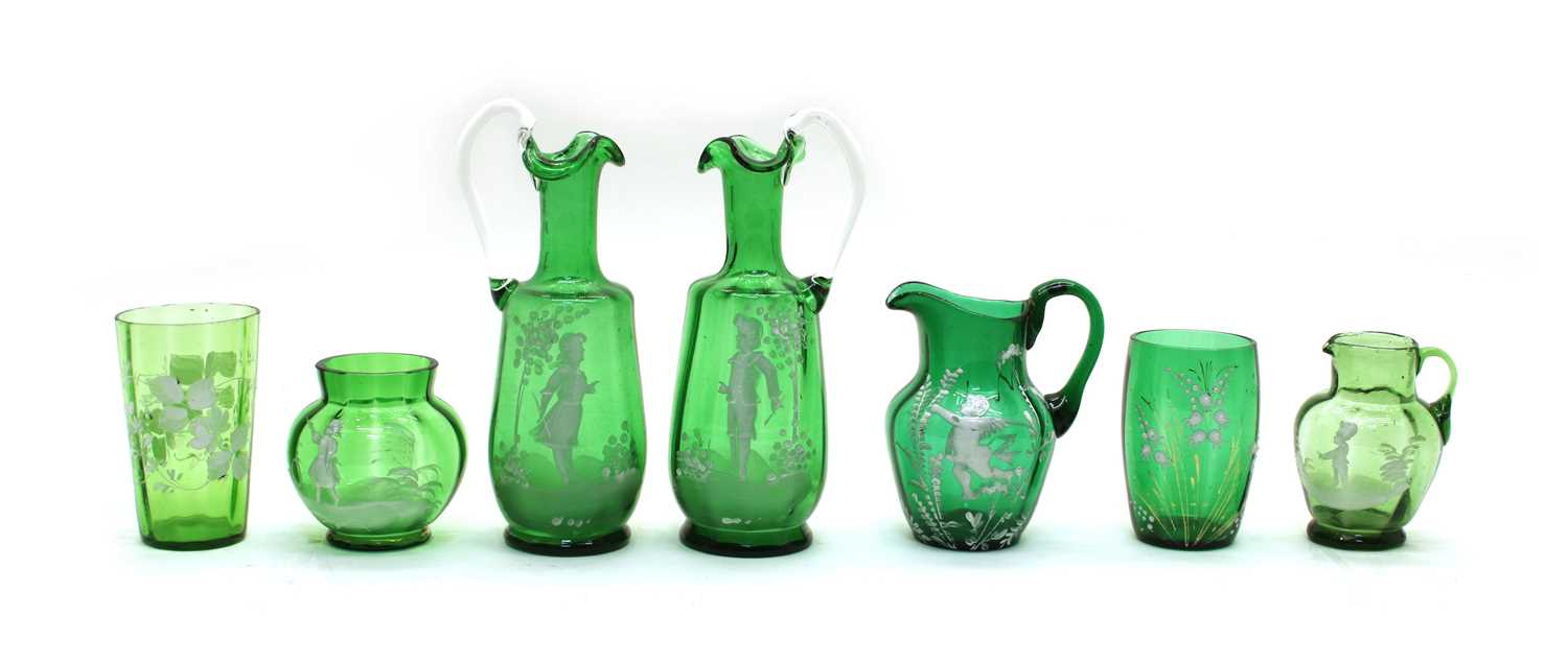 Lot 47 - Six pieces of green 'Mary Gregory' glass ware