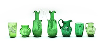 Lot 47 - Six pieces of green 'Mary Gregory' glass ware
