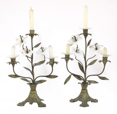 Lot 293 - A  pair of opaline glass and gilt metal three-light candelabra