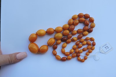 Lot 73 - A single row graduated olive shaped amber bead necklace