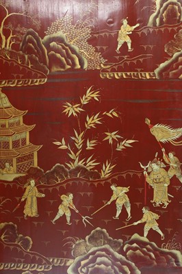 Lot 970 - A large Chinese six-fold red-lacquered screen