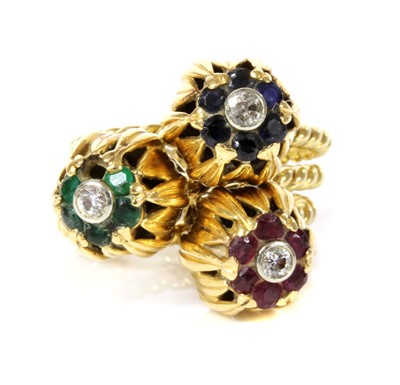 Lot 192 - A set of three diamond and gem set stacking rings, c.1950