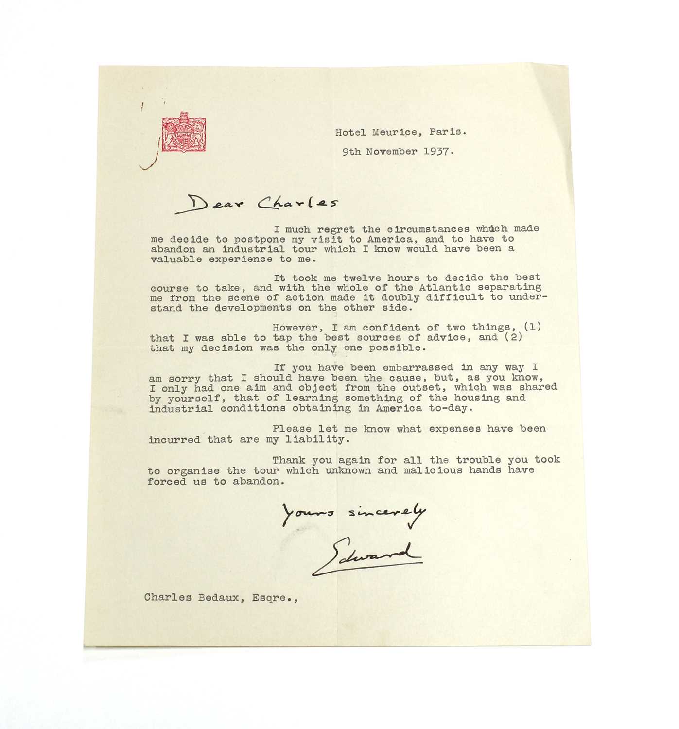 Lot 103 - EDWARD VIII: Letter to Charles Bedaux, Hotel Meurice