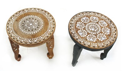 Lot 214 - Two small Indian hardwood, ebony and bone inlaid tables or stools