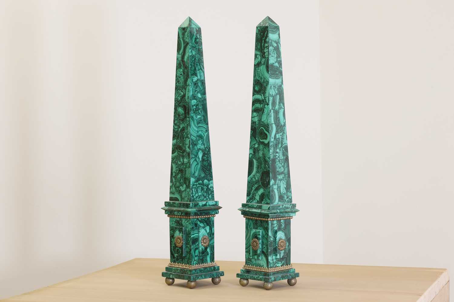 Lot 213 - A pair of malachite obelisks
