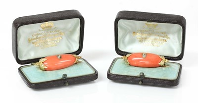 Lot 108 - A pair of cased Victorian coral and diamond brooches