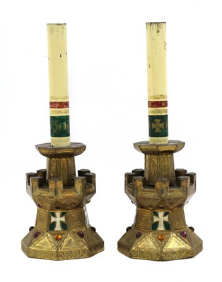 Lot 757 - A pair of French Gothic gilt candlesticks