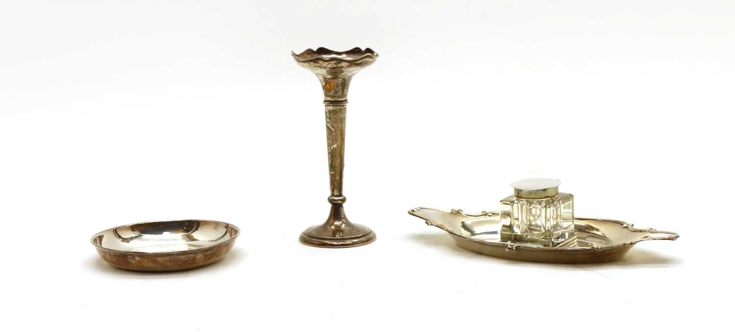 Lot 39 - A silver inkstand, a specimen vase and a dish