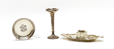 Lot 39 - A silver inkstand, a specimen vase and a dish