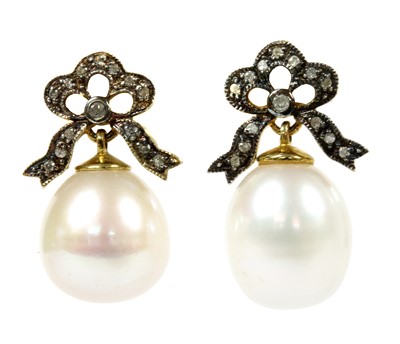 Lot 208 - A pair of silver and gold cultured freshwater pearl and diamond earrings