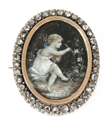 Lot 19 - A Victorian hand painted diamond set memorial brooch