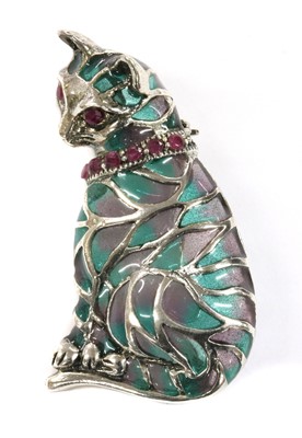 Lot 254 - A silver plique-à-jour enamel and ruby cat brooch/pendant
