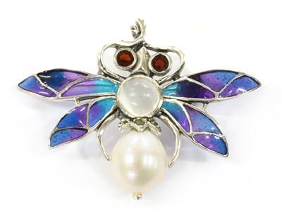 Lot 211 - A silver plique-à-jour enamel and assorted gemstone bee brooch/pendant