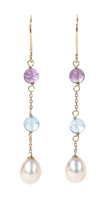Lot 164 - A pair of gold cultured freshwater pearl, blue topaz and amethyst drop earrings