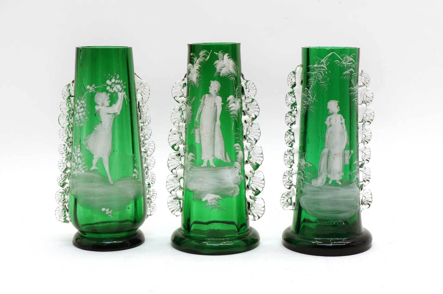 Lot 115 - A pair of green 'Mary Gregory' glass vases