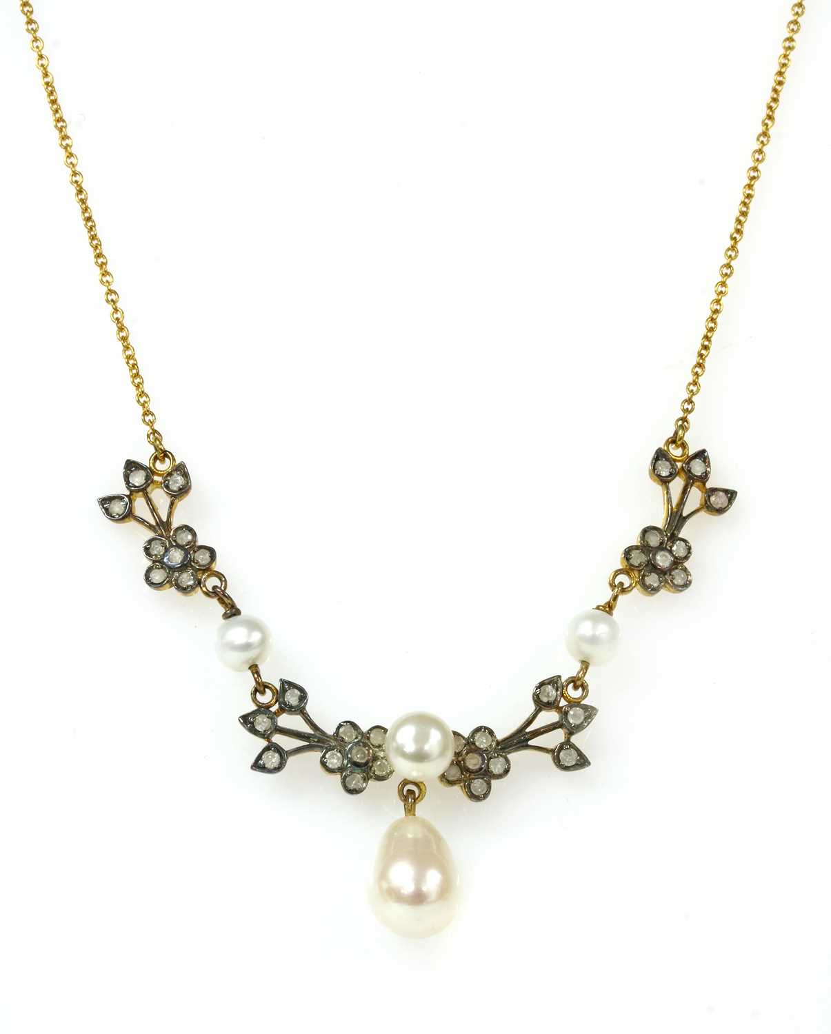 Lot 209 - A silver and gold, cultured freshwater pearl and diamond necklace