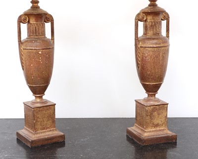 Lot 407 - A pair of gilt-spelter urn form table lamps