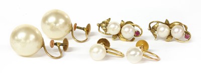 Lot 225 - A pair of gold cultured pearl and ruby earrings